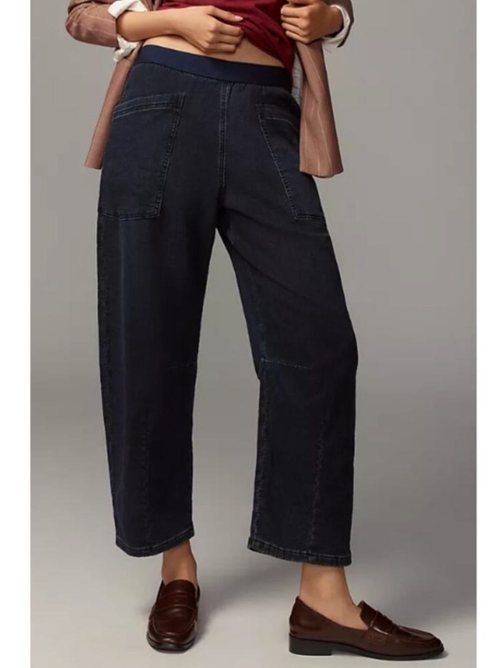 Anthropologie PILCRO Mid-Rise Pull-On Denim Knit Jeans Baggy Barrel Wide Leg